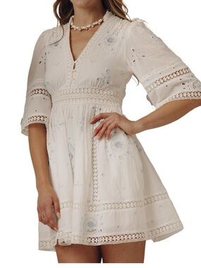 Love The Label Josefina Dress White Blue Eyelet Mini Crochet Boho Embroidered